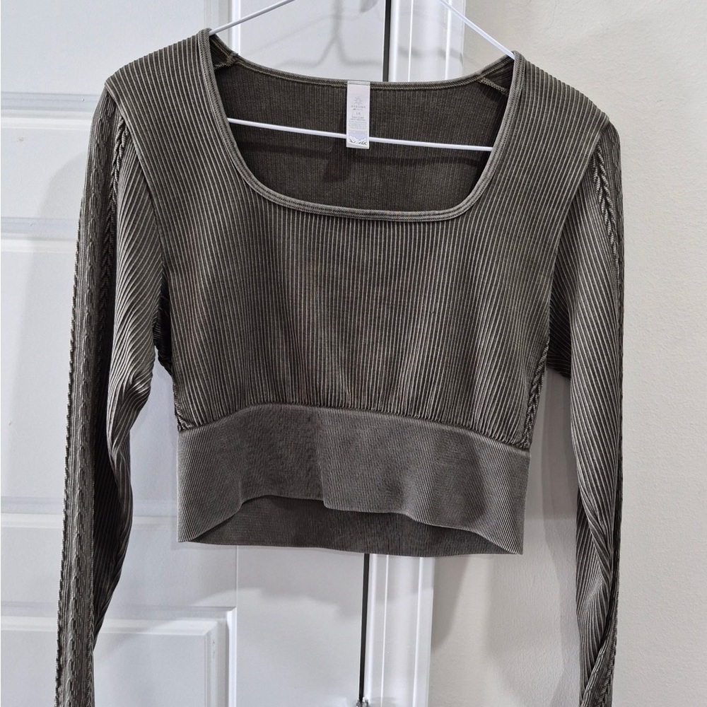 Aerie Offline Olive Ribbed Crop Top Long Sleeve Square Neck Large Y2K Stretch